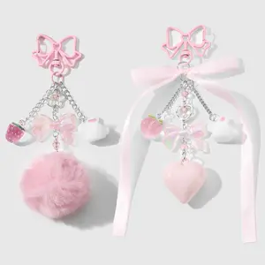 Set of 2 cute, sweet, casual, versatile, attractive pink fluffy acrylic charms—pom-poms with heart bows and strawberry flocking—rabbit/cat DIY keychains and bag pendants. Suitable for sisters and best friends’ everyday wear; great as holiday gifts.