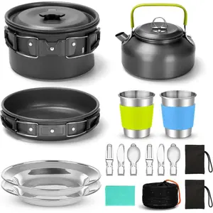 15pcs Camping Cookware Mess Kit, Non-Stick Lightweight Pot Pan Kettle Set with Stainless Steel Cups Plates Forks Knives Spoons  Camping, Backpacking, Outdoor Cooking and Picnic