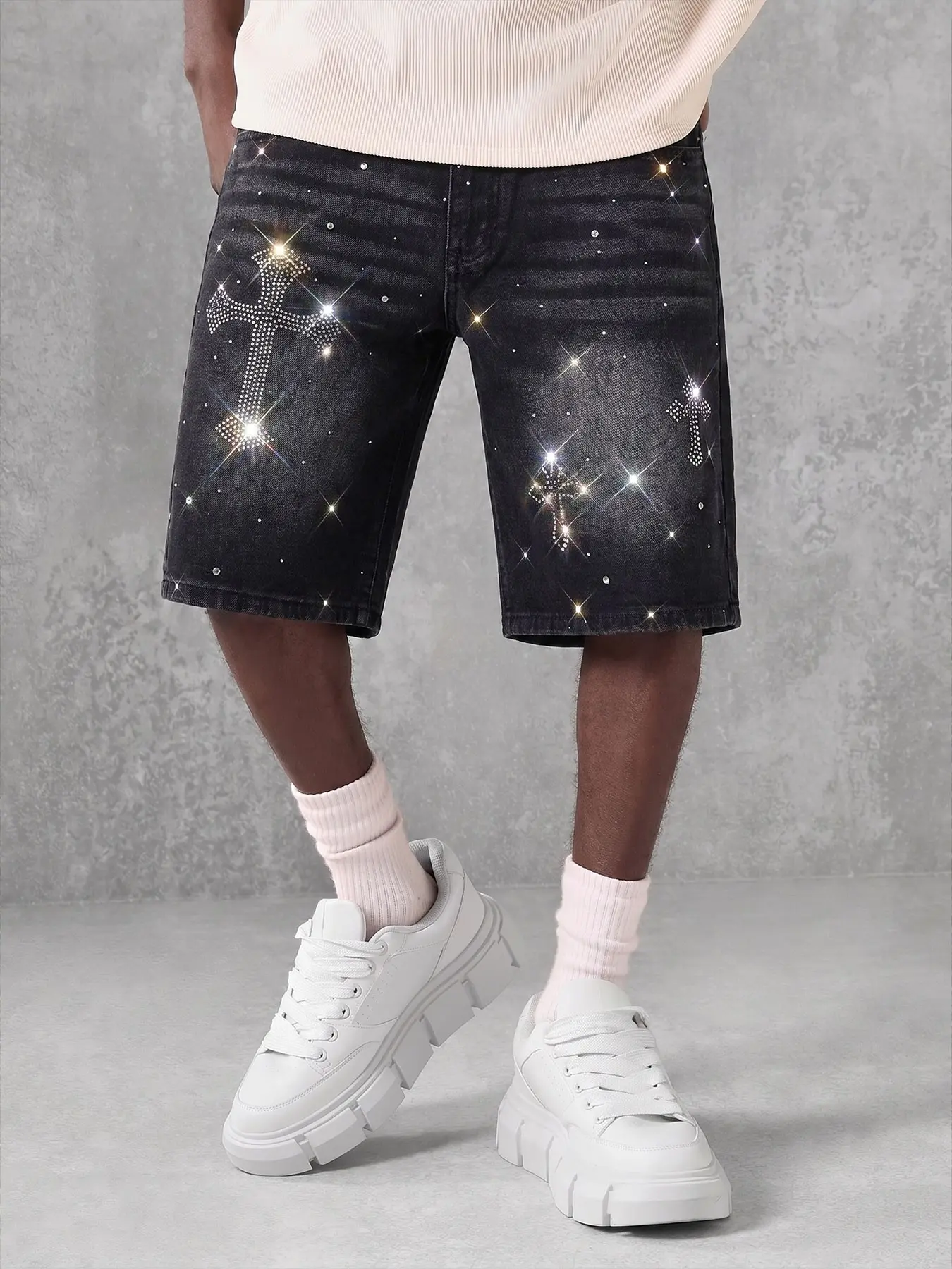 Men's Cross Rhinestone Distressed Denim Jeans Shorts, Gothic Style Streetwear Button Fly, Loose-Fit Baggy Below Knee, Nightclub & Music Festival Wear Vibe