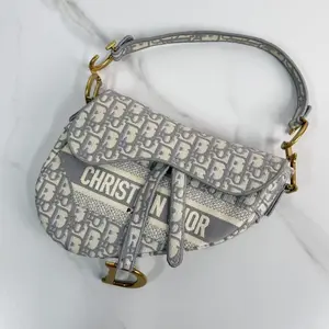 Pre-owned Dior Saddle Bag Light Grey Oblique Jacquard Canvas Antique Gold Hardware
