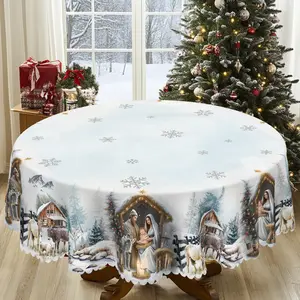 1pc, Christmas-Themed Tablecloth with Jesus' Birth Scene, Biblical Birth Of Jesus Tablecloth, Holiday Party Outdoor Decoration Tablecloth, Kitchen Accessories, Round Table Cloth, Table Cloth Rectangle Table, Gift For Friends