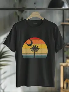 100% Cotton Retro Sunset South Carolina Flag Palmetto Tree Crescent Moon T-Shirt Casual Short Sleeve Shirt