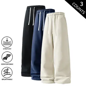 3-Pack Men’s Wide-Leg Sweatpants, Casual Loose Drawstring Pants, Stretchable and Breathable Pants for Gym, Running, and Streetwear