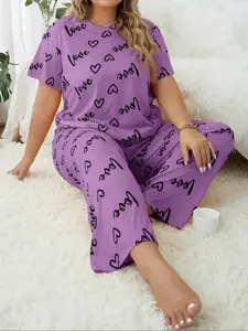 Women's Plus Size Heart Love Round Neck Short Sleeve Long Pants Sleepwear Set, Casual Home Wear, Comfortable Loungewear for Outdoors Pajama Set