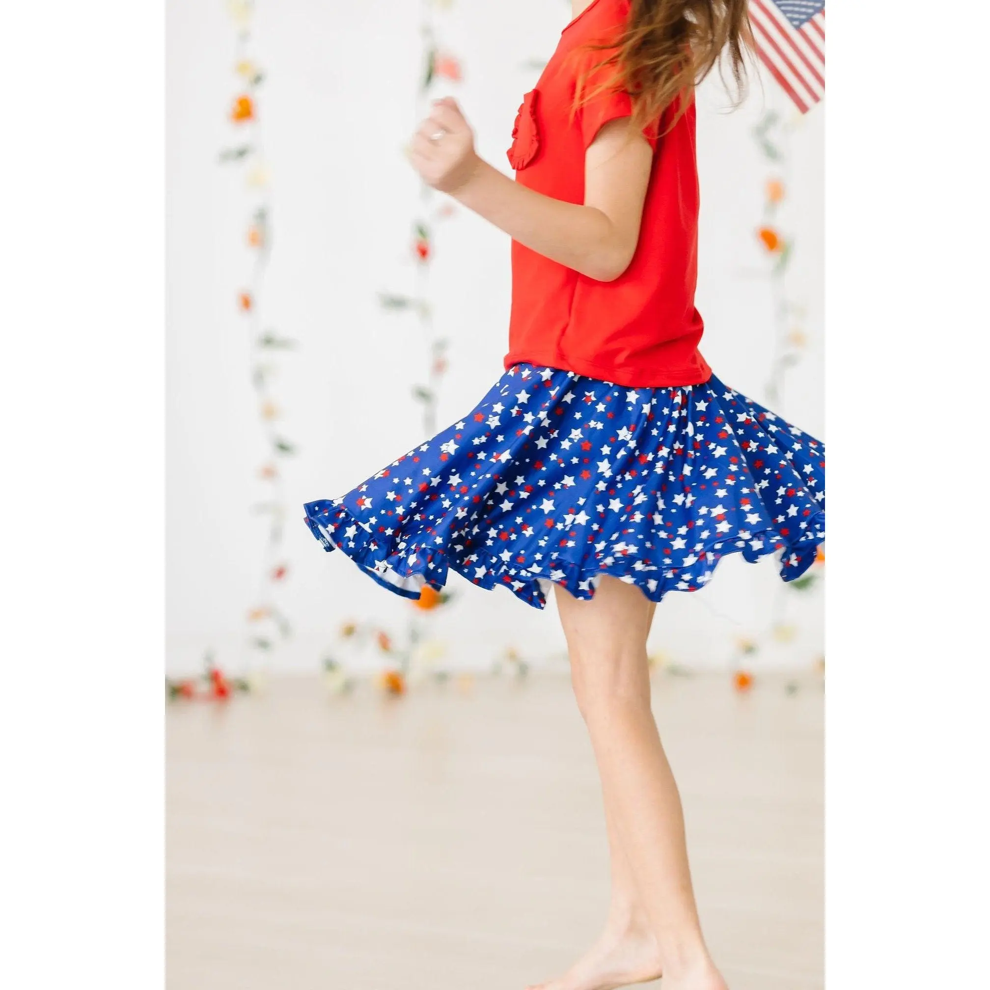 Star Bright Ruffle Twirl Skort - All Over Print Girls' Gathered Skirt Skort - Cute Comfortable Summer Outfit for Toddlers and Kids - Perfect for Play, Outdoor & Casual Wear - Kids Fashion