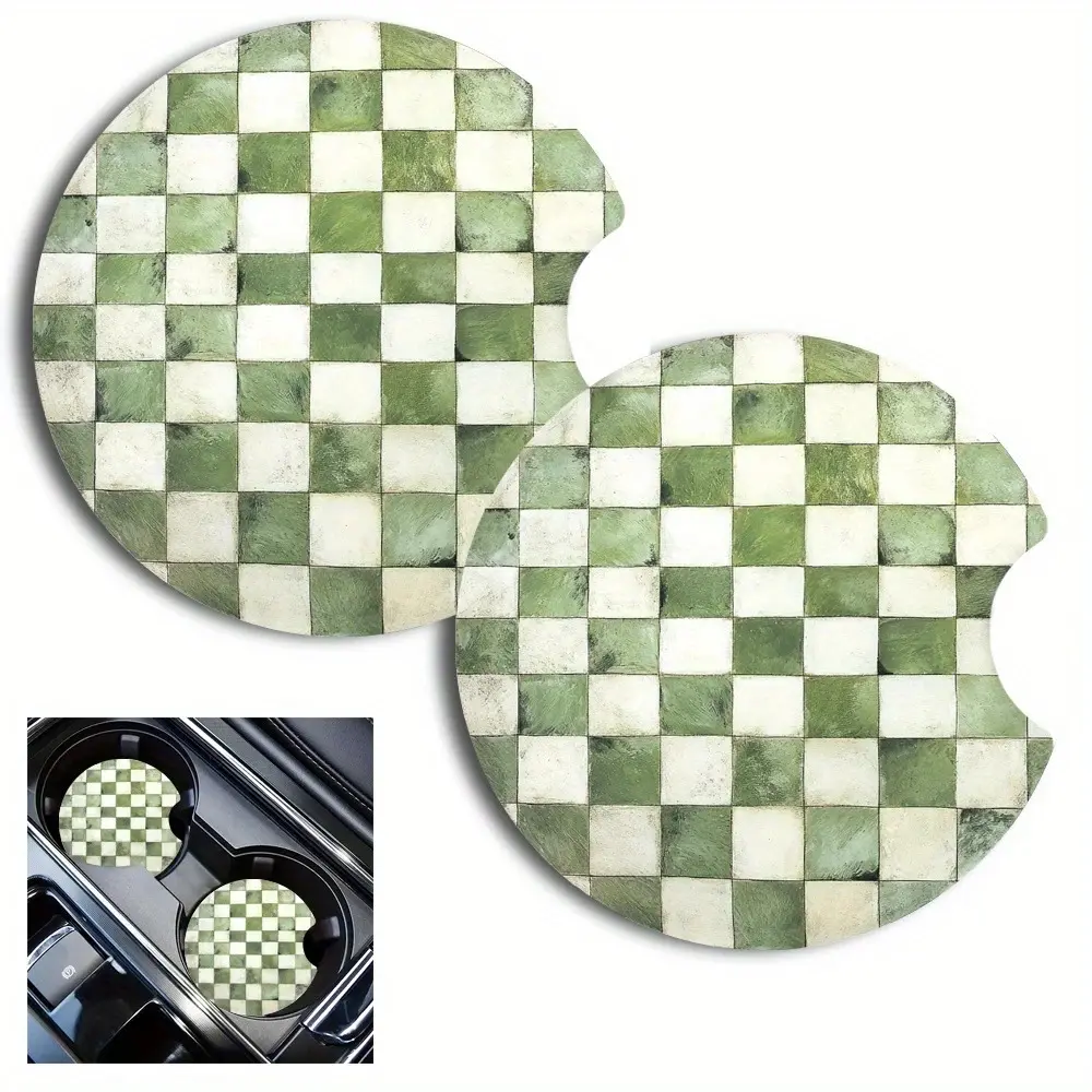 2Pcs Green Checkerboard Car Coasters Absorbent Cup Holder Mat Sage Checkered Automobile Beverage Pad Retro Vehicle Interior Decoration Gift for Women