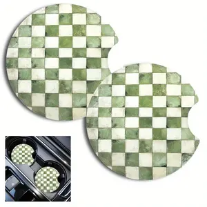 2Pcs Green Checkerboard Car Coasters Absorbent Cup Holder Mat Sage Checkered Automobile Beverage Pad Retro Vehicle Interior Decoration Gift for Women