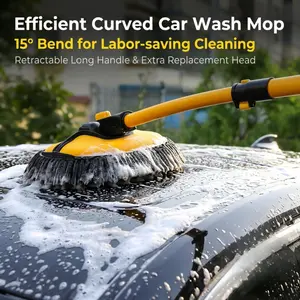 15 Bent Car Wash Mop with Telescopic Handle, Labor-saving Curved Cleaning Brush with Replaceable Head, Ideal for Car and Household Cleaning