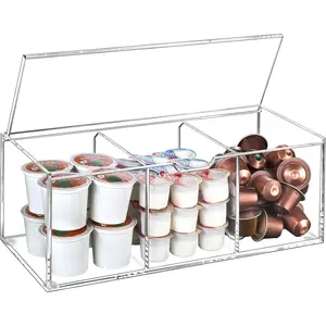 Acrylic Coffee Pod Holder with Lid for 24 Kcup, Clear Coffee Capsule Storage Organizer, 3 Compartments Coffee Bar Station Organizer Compatible with Coffee Pod & Coffee Creamer