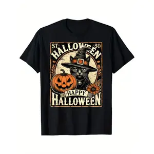 Vintage Halloween Shirt Black Cat With Witches Hat T-Shirt