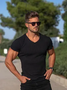 Men's Solid V-Neck Tee, Vertical Ribbed Slim Comfort Fit, Textured Stretch Knit, Breathable Summer Top for Gym Commute Casual, Classic Versatile, Today's Clearance, Focus Item, Essential for Man's Wardrobe.