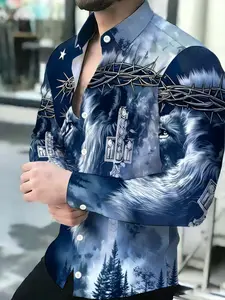 Men's Long Sleeve Shirt Wolf Head Crown of Thorns Cross Forest Print Novelty Pattern