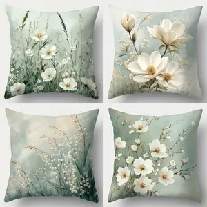 4pcs-Pastoral Themed Throw Pillow Covers, Various White Flowers Pattern Design, Suitable Spring and Summer Living Room, Bedroom, Sofa and Bed Decoration, 2D Flat, Single Sided Printing, No Pillow Core