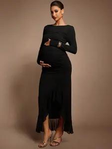 BELLAdresses Autumn And Winter Maternity Black Dress Maternity Solid Color Round Neck Long Sleeve Ruched Asymmetric Hem Elegant Dress Sexy Maternity Dress