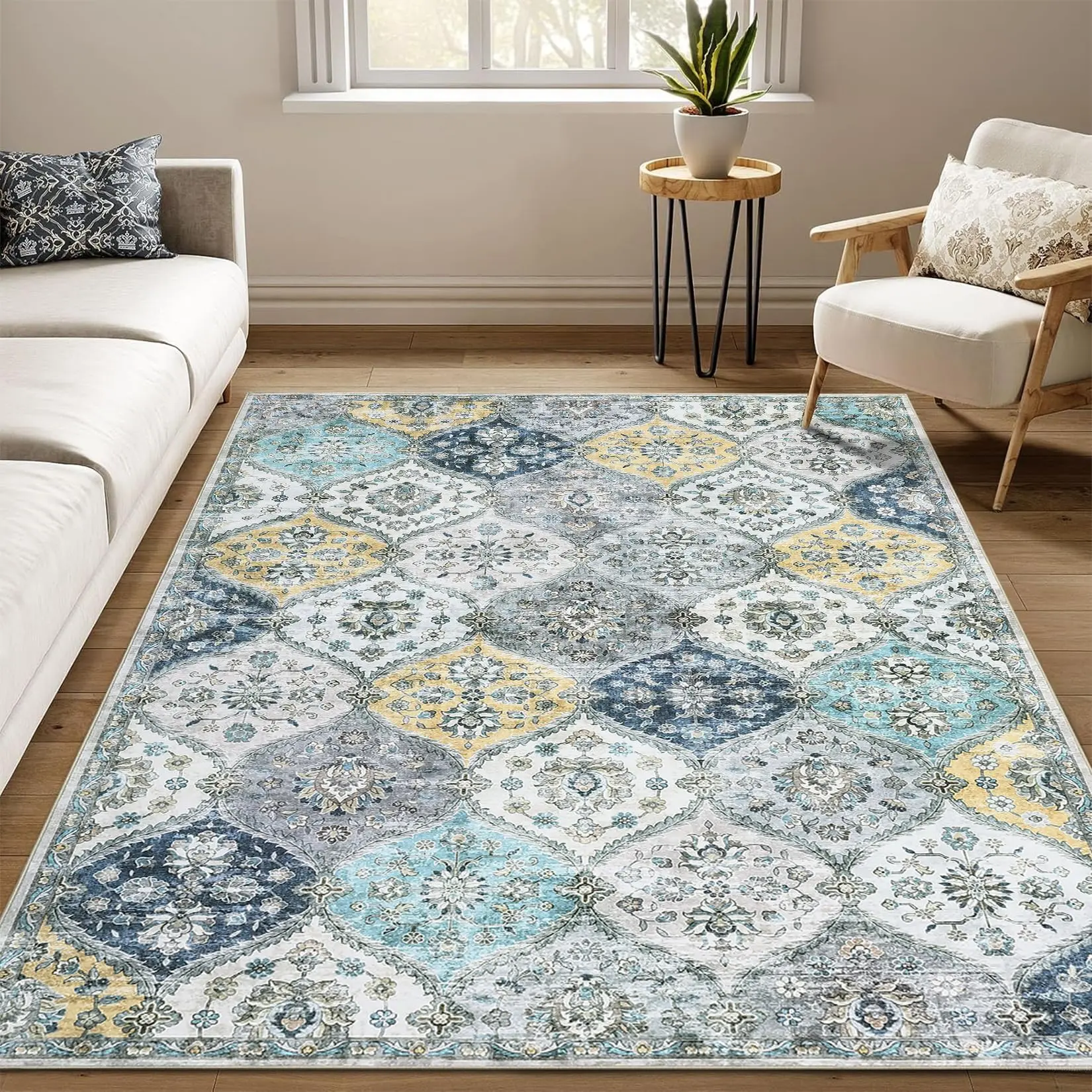 GARVEE Area Rugs 10x13 Large Washable Indoor Carpet with Non-Slip Backing, Stain Resistant and Low Pile Faux Wool Accent Oriental Carpet, Vintage Printed Rugs for Living Room, Bedroom, Blue Yellow