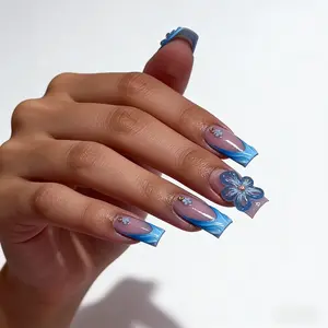 48 pieces of press-on floral 3D textured gradient designs, with repeatable luster. Summer flower charm design. Blue medium-sized square fake nails glossy natural, Nail Inspo, Press On Nails