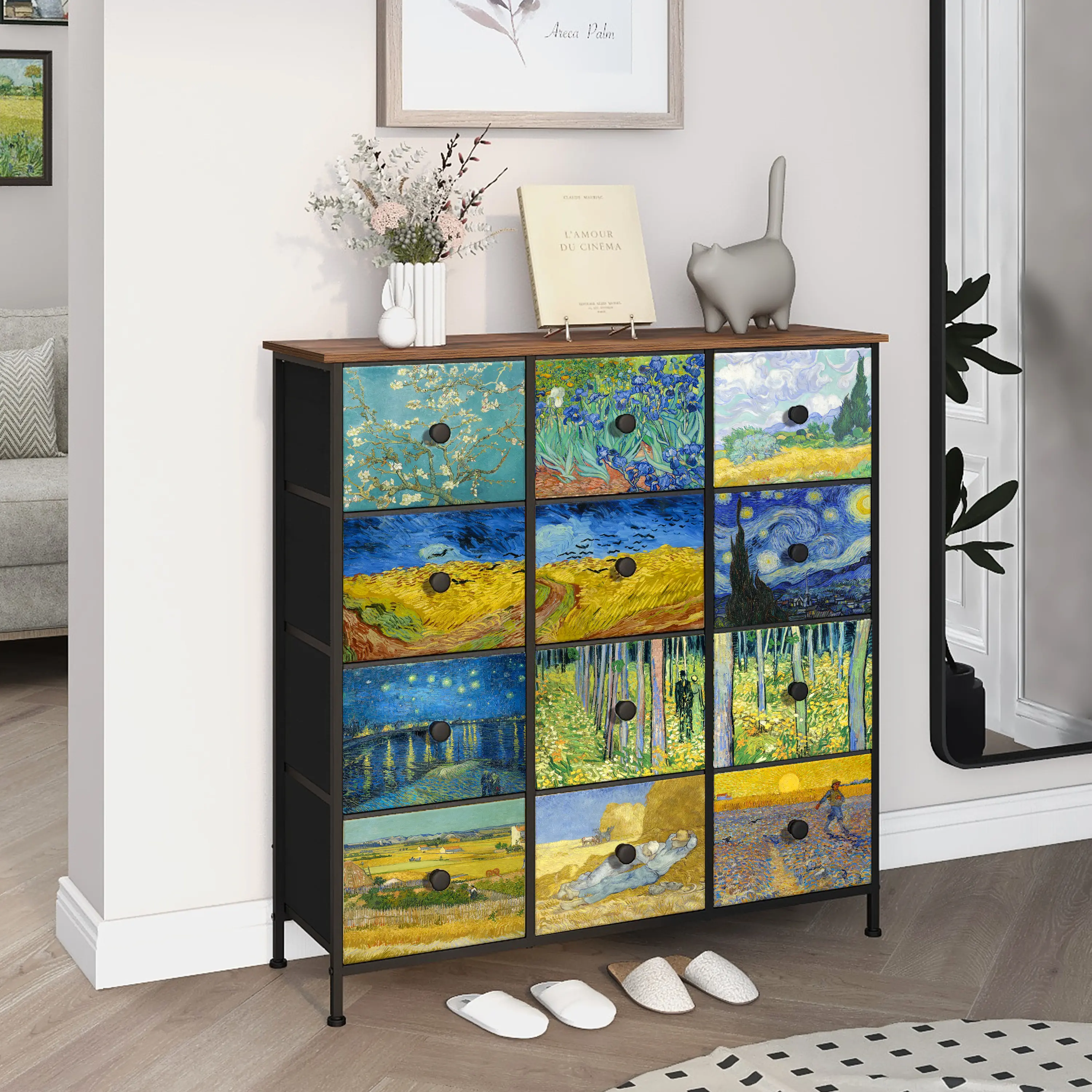 Van Gogh vintage floral pattern foldable fabric drawer，Dresser with Drawers for BedroomChest of Drawers Fabric Dresser forCloset,Nursery Entryway Hall Tree TVStand for Living Room Retro FloralPattern Drawers Wooden Top