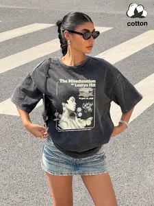 Washed cotton, "The Miseducation of Lauryn Hill" classic album element graphic print round neck T-shirt, retro style fashion street trend short-sleeved top, summer women's clothing