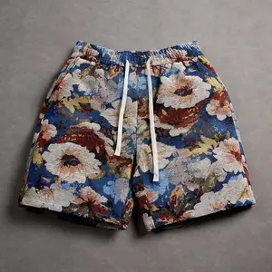Men’s casual shorts featuring an American retro oil painting–style floral print; summer drawstring loose straight mid-length shorts with a street-brand, distinctive design—beach shorts suitable for everyday outings, campus commuting, outdoor vacations, an