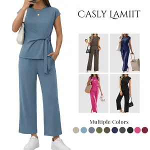 Casly Lamiit Women's 2-Piece Classy Set - Lightweight, Breathable, Comfy Soft Fabric Round Neck Cap Sleeve Top with Belted Tie & Cropped Wide Leg Pants - Versatile Travel & Everyday Wear