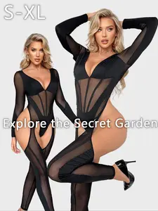 Women's Sexy Slim Underwear Elastic Stretchy Mesh One-Piece Bodysuit Lingerie Transparent Hollow Out Tease Innerwear Comfortable Breathable Sleepwear