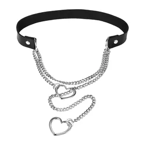 Slip Chain Choker Necklace: Gothic Heart Lariat Y-Necklace PU Leather Jewelry Stainless Steel Cuban Chains Adjustable Long Necklaces for Women