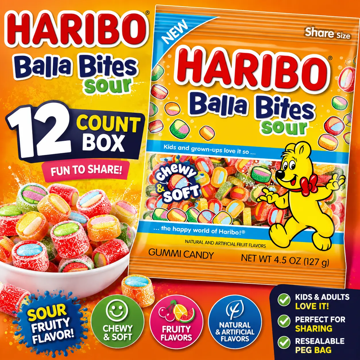 Haribo Balla Bites Sour Gummy Candy 4.5 oz 12 Count Peg Bags Soft Chewy Fruity Sour Candy