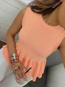 Women's Spring Summer Casual Ruffle Knit Top, Slim Fit Clay Design, Classic Round Neck, Sleeveless, Perfect for Daily Wear