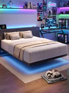 【SummerVibes】ONBRILL LED Floating Bed Frame for Queen, Queen Size Bed Frame with Power Outlet, Heavy Duty Metal Platform Bed Frame, Easy to Assemble, Noise-Free, No Box Spring Needed, Bedroom Furniture, Stylish Furniture
