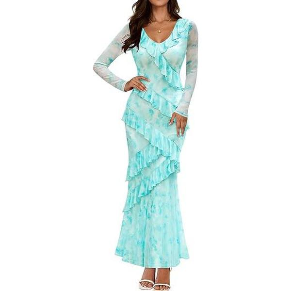 ZESICA Women's Fall Floral Long Sleeve Maxi Dress 2025 Boho Bodycon V Neck Ruffle Wedding Party Long Dresses