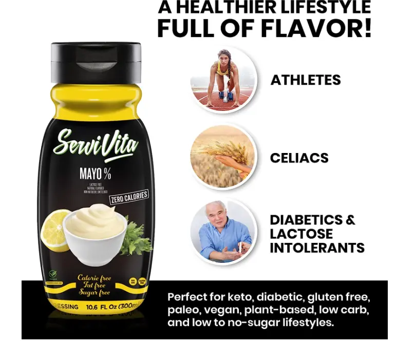 Fat Free MAYO MAYONNAISE Sauce Zero Calories and Fat Free Mayo 10.6 FL OZ - No Sugar Mayonnaise Sauce Gluten-Free, Non-GMO, Vegan and Keto Friendly - ServiVita