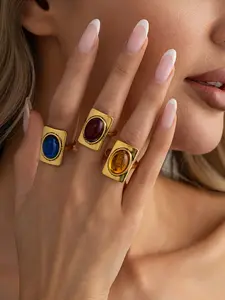 Vintage Colorful Gemstone Statement Rings, & Silver Color Plated, Geometric Chunky Design, Fashion Jewelry for Women