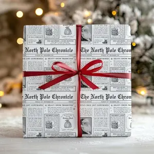 Santa Newspaper Wrapping Paper, North Pole Chronicle Xmas Theme Gift Wrap Papers for Friend