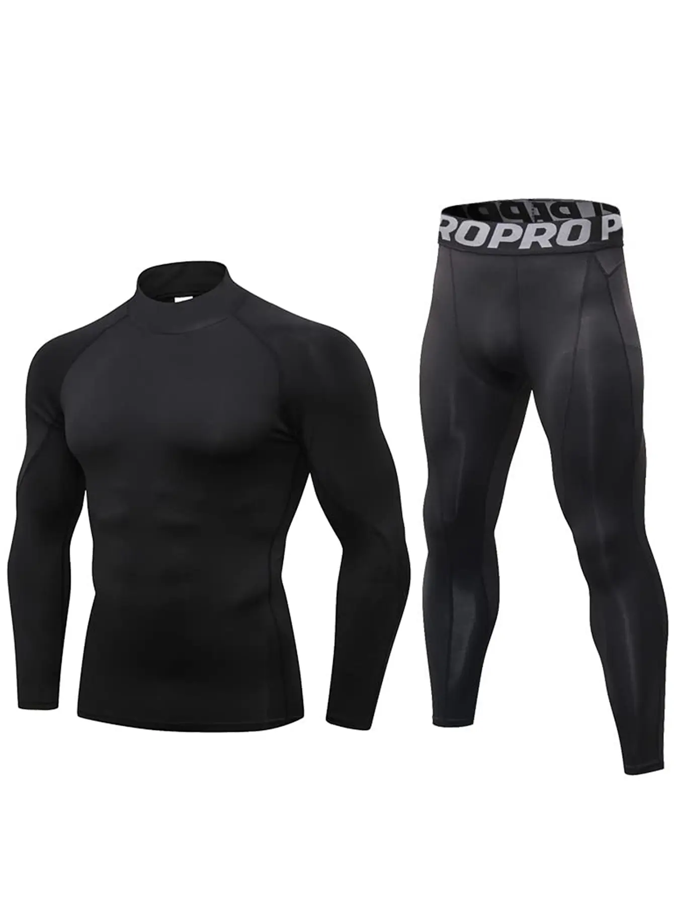 Two-Piece Set Men's Long Sleeve Mock Neck Compression Top & Leggings Tracksuit Set, Casual Tight Top & Letter Print Skinny Pants, Sportswear Clothing for Indoor Outdoor Wear Yoga Tracksuit Set