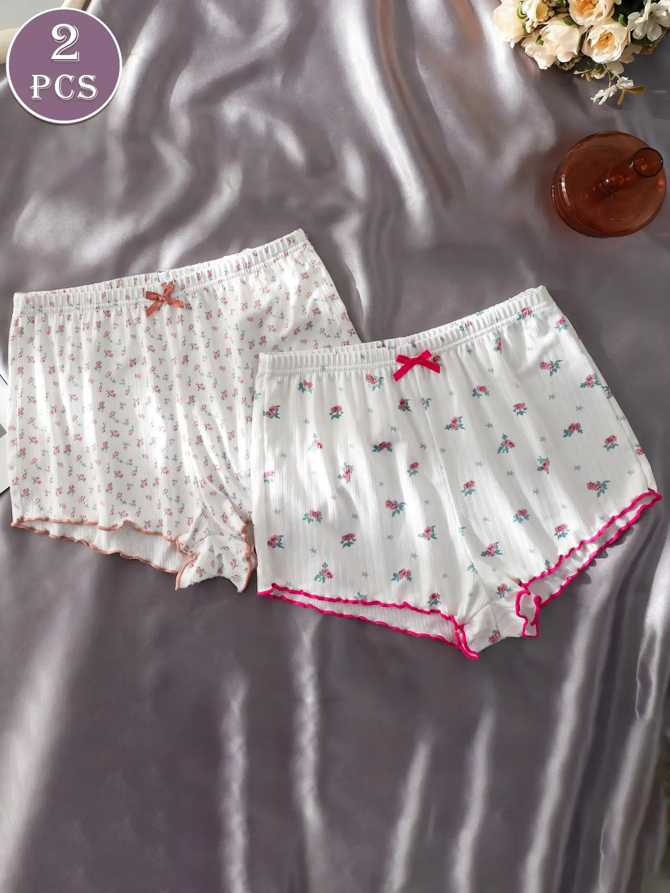 2-Pack Ditsy Floral Print Loose Fit Women's Pajama Bottoms, Anti-See-Through Home Sleepwear, Casual All-Season Undergarments, Loungewear Pjs, Home Loungewear Pajamas