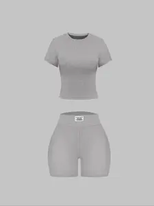 Women's Plain Ribbed Tee & Letter Patched Shorts Set, Casual Short Sleeve Round Neck T-Shirt & Shorts, Ladies Clothes for All Seasons Daily Wear
