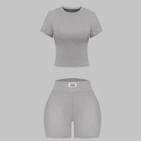 Women's Plain Ribbed Fabric Basic Top Tee & Letter Patched Shorts Set, Casual Fit Short Sleeve Round Neck T-Shirt & Shorts, Ladies Clothes Womenswear for All Seasons Daily Wear Medium