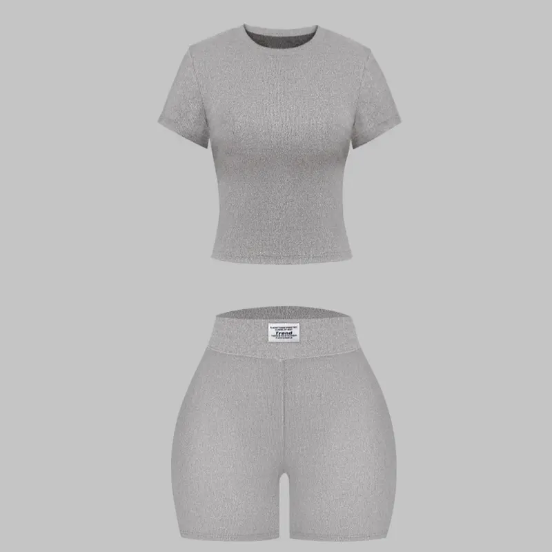 Women's Plain Ribbed Fabric Basic Top Tee & Letter Patched Shorts Set, Casual Fit Short Sleeve Round Neck T-Shirt & Shorts, Ladies Clothes Womenswear for All Seasons Daily Wear Medium