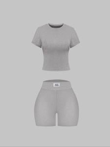women's plain ribbed shorts set, casual slim fit short sleeve tee & letter patched shorts set, summer clothes women, ladies clothes for all seasons daily wear, womenswear