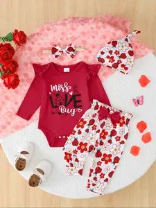 Girls' Valentine's Day Underwear Set, Cute Beetle Flower Love Letter Pattern, Includes Hat & Hairband, Comfortable Casual Wear