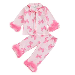 Kids Toddler Little Girl Valentine's Day Satin Silk Pajamas Button Down 2 Piece Pajama Set Big Kids Teen Girls Pjs Nightgown Outfit