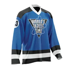 World's Okayest Goalie Hockey Jersey Blue/Black/White Fully Sublimated Bold Colors Long Lasting Non Fade Customizable Name Number Goalie Cut 3 Sizes Available