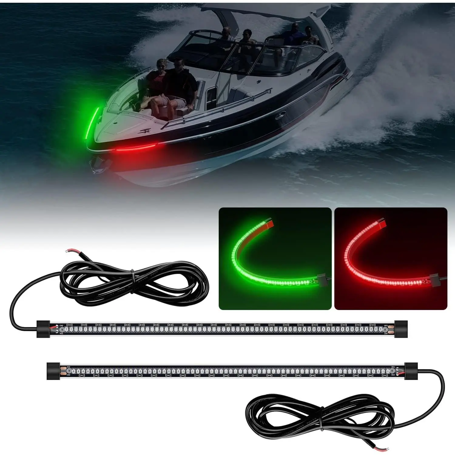 Nilight 2PCS Minimalist Pole Style 13in Single Row 66-LED Super Bright Red Green Silicone Marine Bow Navigation Strip Lights, 12V 6ft IP68 Waterproof Dustproof Shockproof Low Energy Consumption Double-Sided Tape Mount for Small Boats, Safe at Night