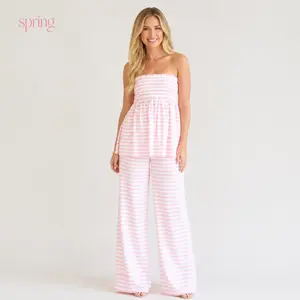Women's Shirred Strapless Two-Piece Set Striped Flowy Babydoll Bandeau Ruffle Tube Tops and Loose High Waist Long Pants