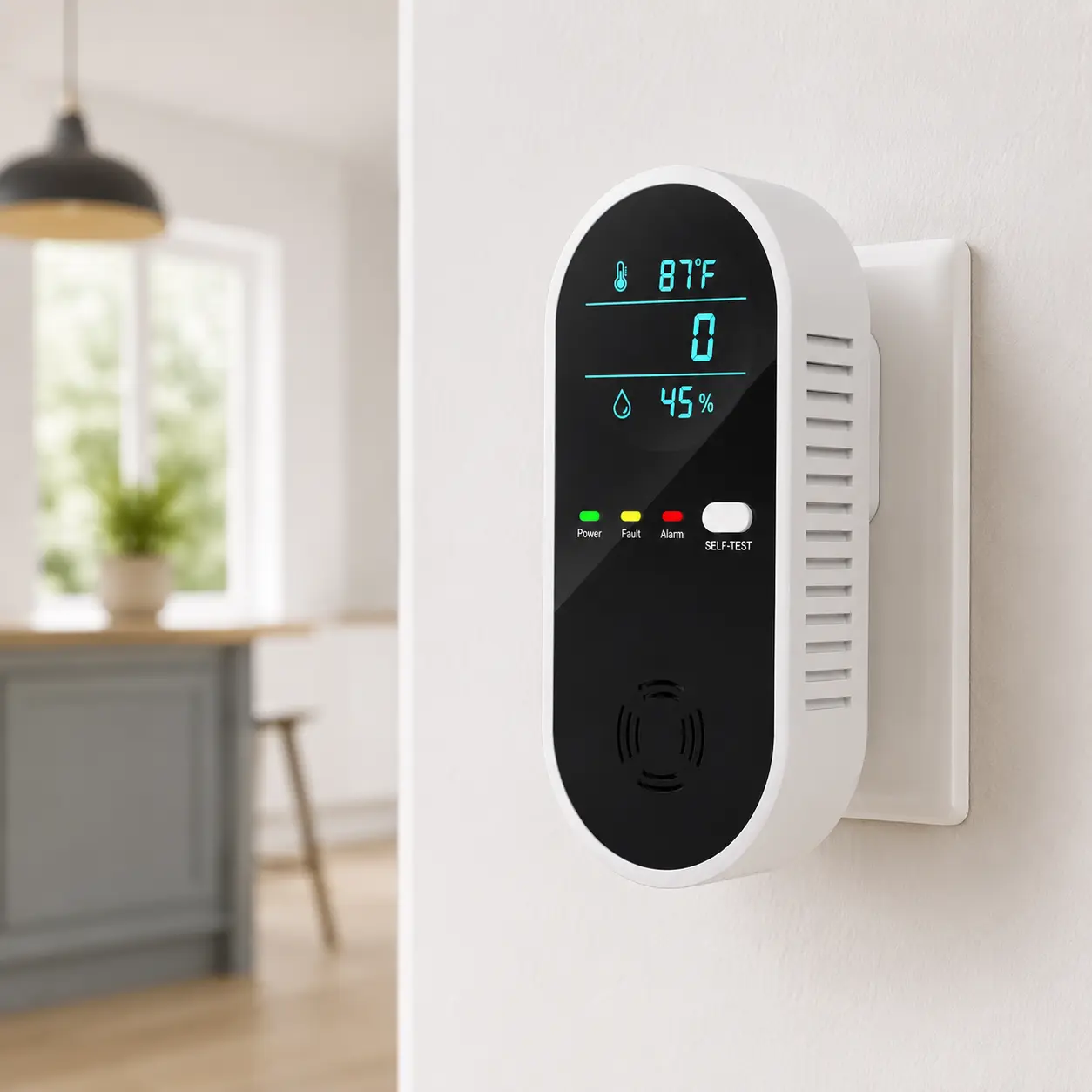 4-in-1 Plug-In Home Monitor with Temperature & Humidity Display, 85dB Audio Alert and Self-Test Button, Low-Power Indoor Air Quality Monitor for Home, Bedroom, Hotel, Office and RV