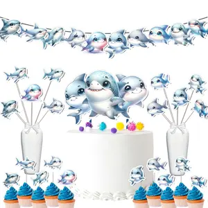 Splashy Shark Party Decor Set for Birthday and Baby Shower - Banner, Cake & Cupcake Toppers, Centerpieces