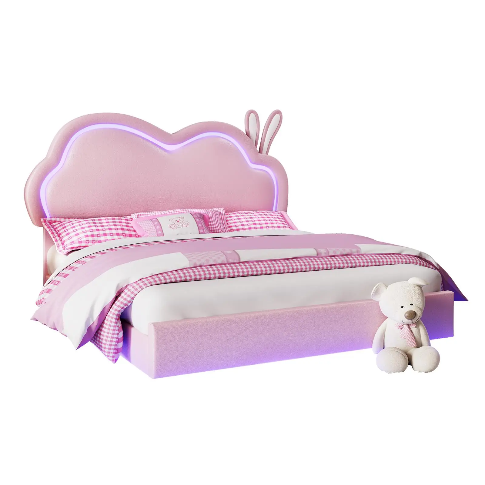 VanAcc Floating Bed Frame with Adjustable Headboard and LED  Lights, Modern Cute Bed for Girls, Leather Upholstered Platform Bed Frame with Wood Slats Support, No Box Spring Needed