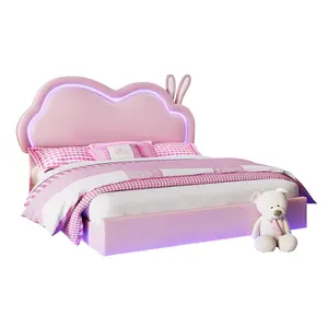 VanAcc Floating Bed Frame with Adjustable Headboard and LED  Lights, Modern Cute Bed for Girls, Leather Upholstered Platform Bed Frame with Wood Slats Support, No Box Spring Needed