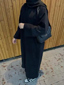 Women's Solid Color Corduroy Open Front Abaya, Modesty Abaya, Modest Casual Long Sleeve Muslim Dress for Daily Wear, Women's Islamic Clothing for Fall & Winter