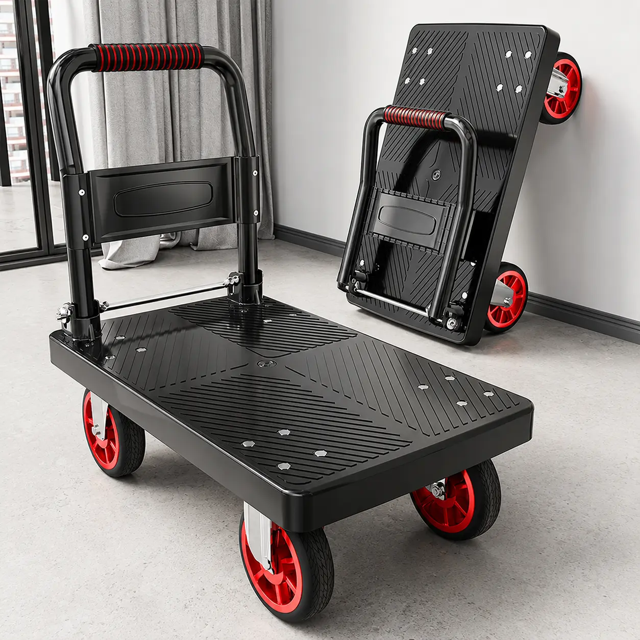 Upgraded Foldable Push Cart Dolly,560 lbs. Capacity Moving Platform Hand Truck,Heavy Duty Space Saving Collapsible,4‘’ TPR 360-Degree Silent Wheels,2 Swivel Wheels and 2 Fixed Wheels(Red Wheel)
